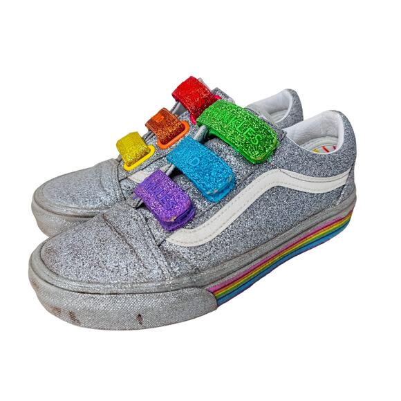Vans Old Skool‎ V Four Shop Skate Sneakers Glitter Rainbow Silver Size W5 M3.5 - Picture 2 of 9